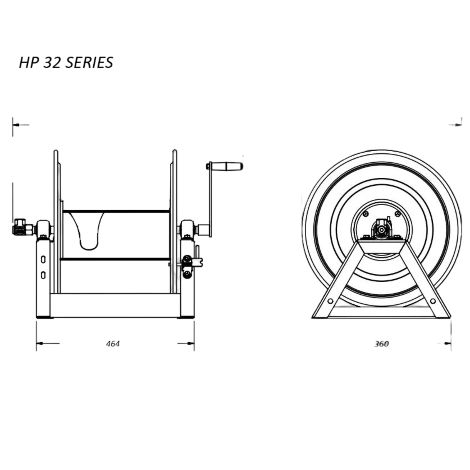 HP32 Slanghaspel - Compacte Telewash Haspel 300 Bar voor 150 Meter Slang - maattekening van de slanghaspel