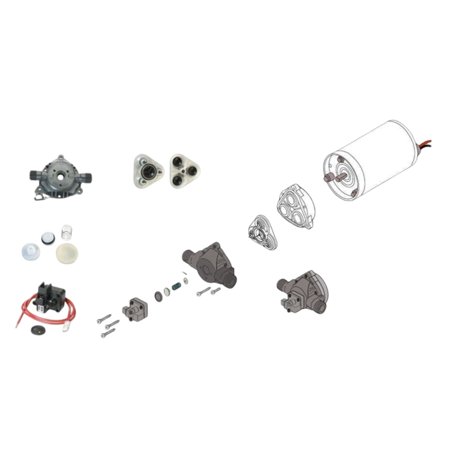 Shurflo Pomp 100 PSI 5.3 - 12V Waterpomp voor Telescoop Glasbewassing - onderdelentekening met alle losse pomponderdelen