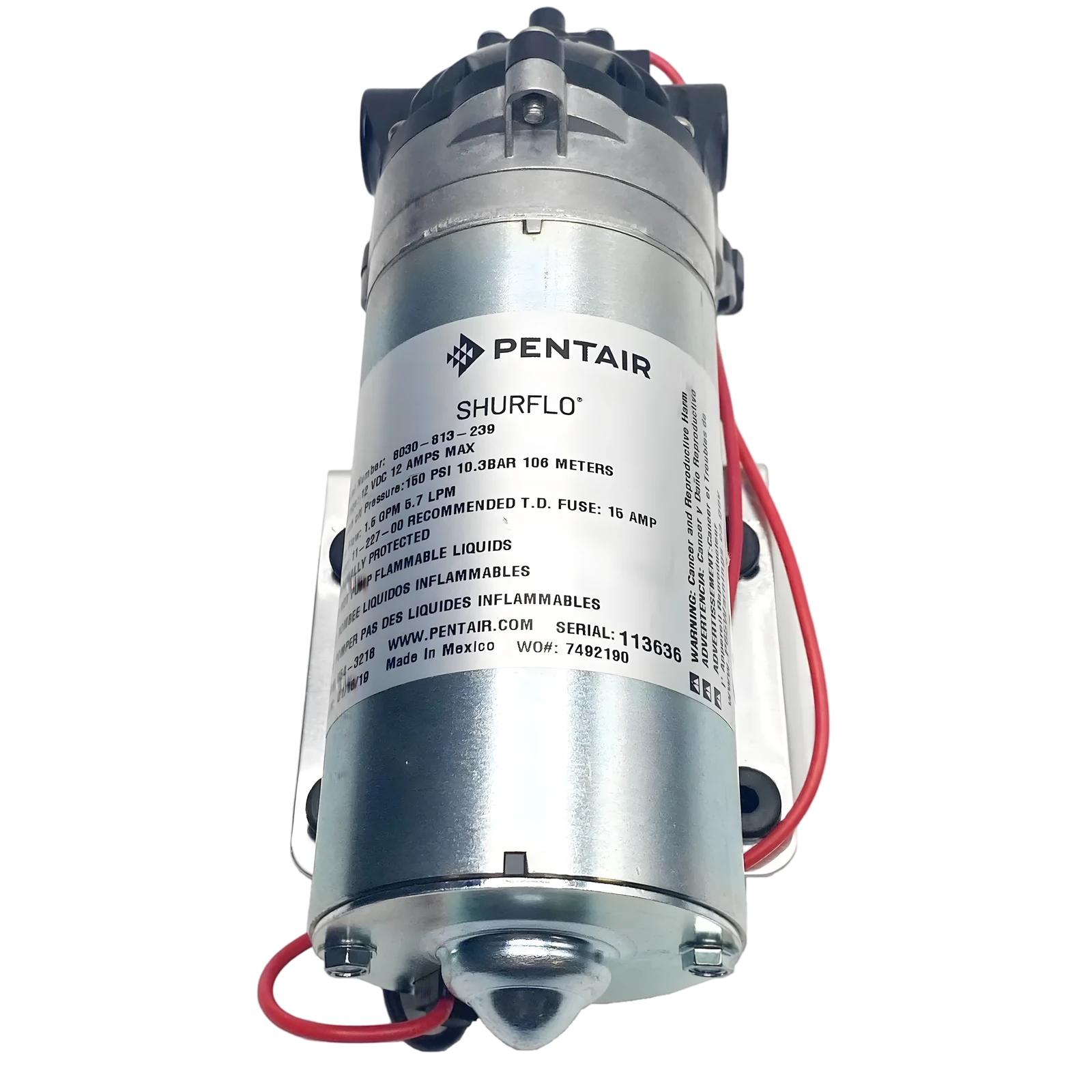 Shurflo Pomp 150 PSI 5.7 - 12V Waterpomp met Extra Druk - close-up van de Pentair Shurflo pomp met typeplaatje